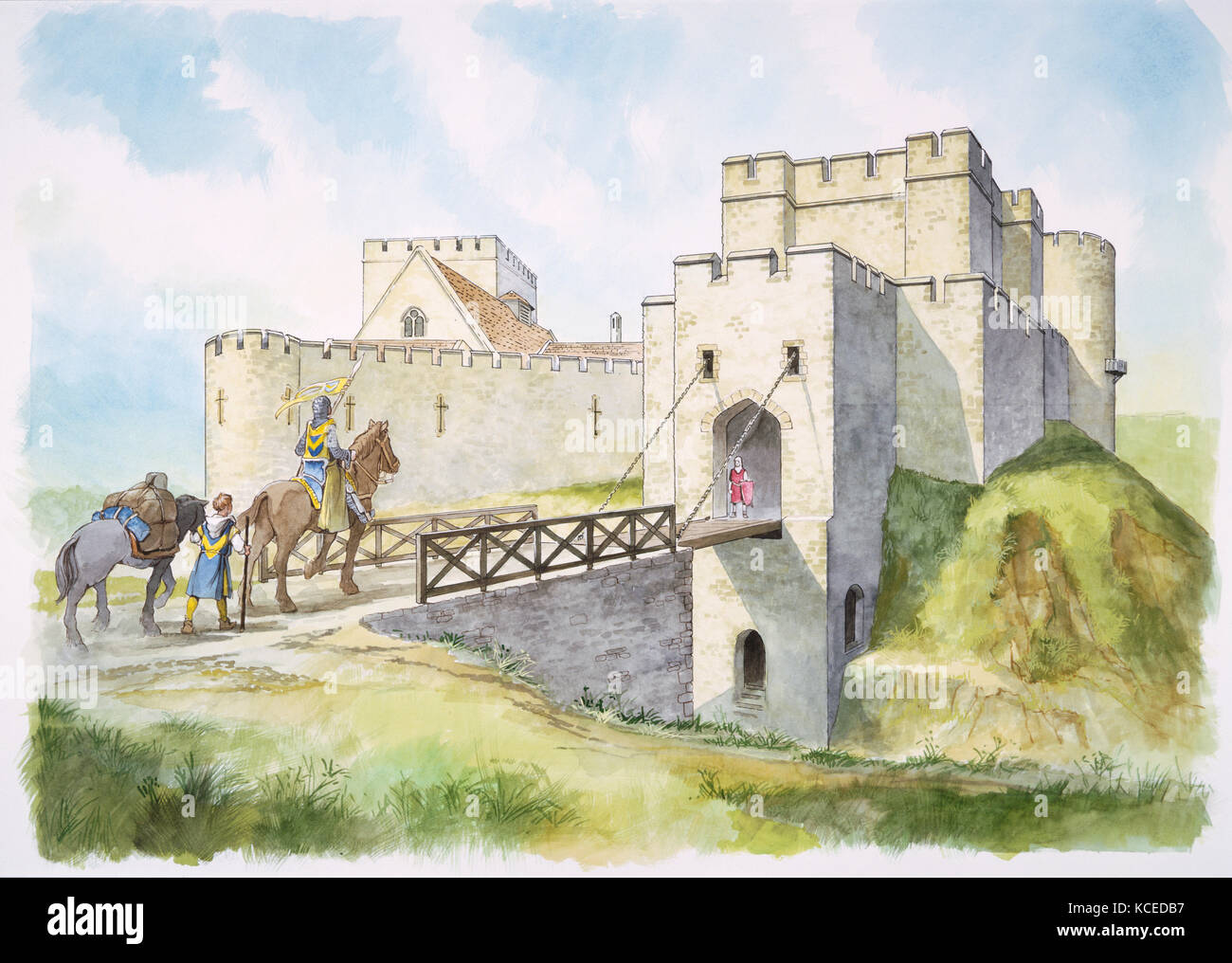 Helmsley castle, North Yorkshire. dessin de reconstruction par philip corke de la porte sud au 13e siècle. pont-levis, chevalier, page / Squire. Banque D'Images