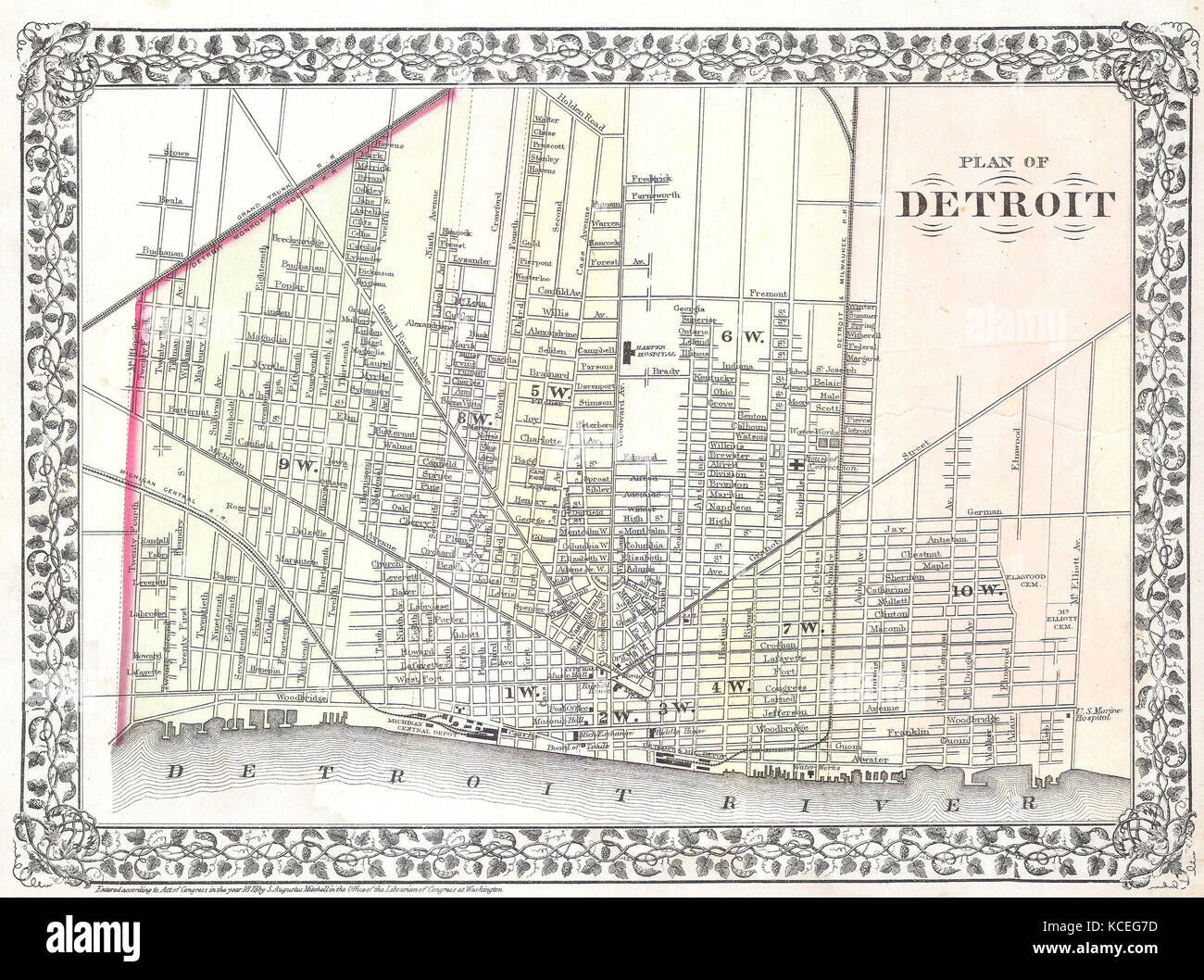 Mitchell, 1872 Carte de la ville de Detroit (Michigan) Banque D'Images