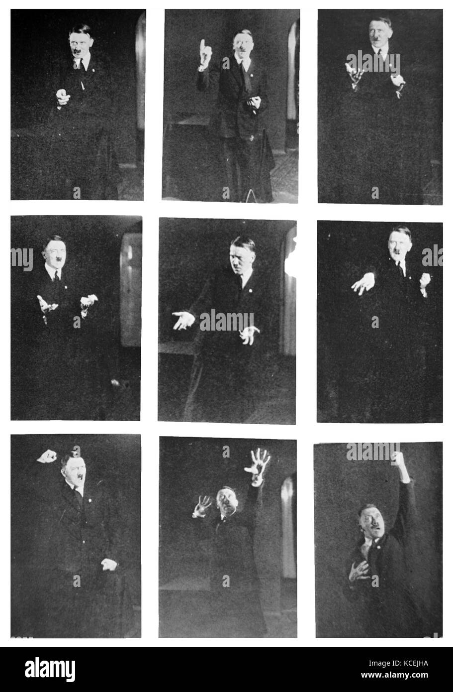Adolf Hitler (1889 - 1945) homme politique allemand. leader du parti nazi , chancelier de l'Allemagne de 1933 à 1945. photographié en 1933 pratiquer devant un miroir les gestes qu'il a déployés dans des discours et des rassemblements. 1933 Banque D'Images