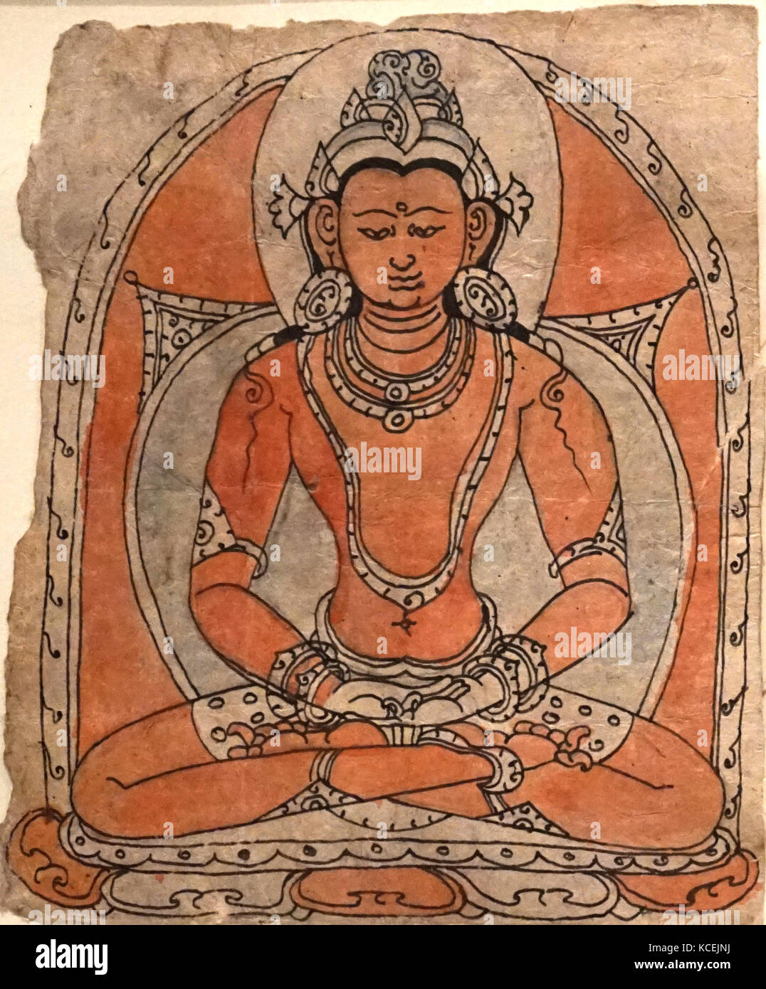 Dessin illustrant la consécration de Gautama Bouddha, également connu sous le nom de Siddhartha Gautama, le Bouddha Shakyamuni, dont les enseignements sur le Bouddhisme était fondée., 1450-1600 AD. dessiné dans un style népalais. Papier, encre et aquarelle Tibet Banque D'Images