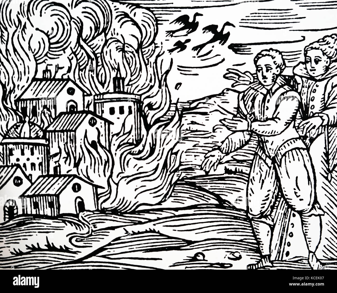 Impression gravure sur bois représentant des maisons en feu réglage sorcières après avoir été méprisés par les villageois. En date du 14e siècle Banque D'Images