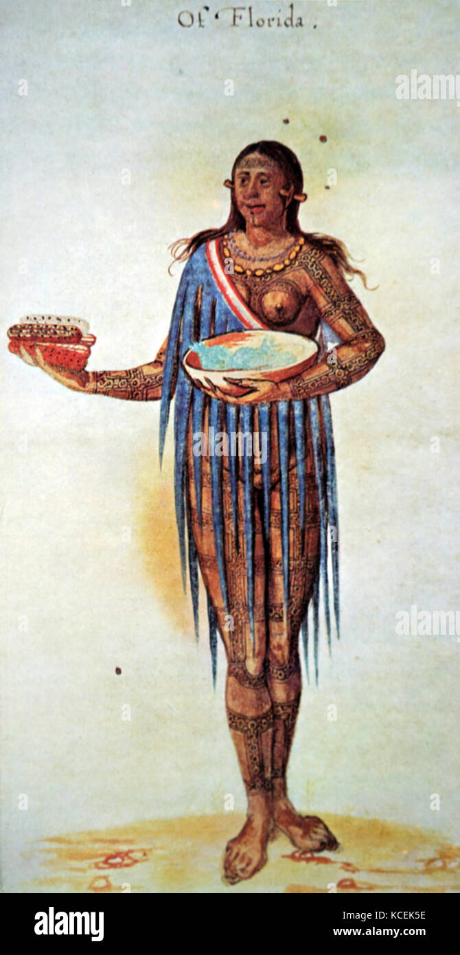 Peinture représentant un Indien Secotan par John White (1540-1593) un artiste anglais et pionnier des colons anglais en Amérique du Nord. En date du 16e siècle Banque D'Images