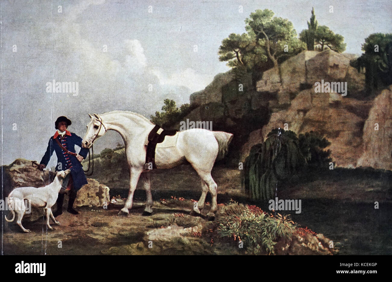 La peinture intitulée "Un chasseur gris avec un groom et un lévrier à Creswell Crags' par George Stubbs (1724-1806) un peintre anglais. En date du 18e siècle Banque D'Images