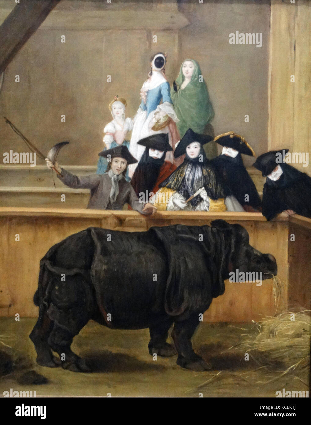 La peinture intitulée 'Exposition d'un rhinocéros à Venise par Pietro Longhi (1701-1785) un peintre vénitien contemporain des scènes de genre de vie. En date du 18e siècle Banque D'Images