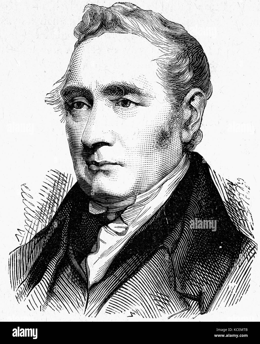 George Stephenson (9 juin 1781 - 12 août 1848) était un ingénieur civil et ingénieur en mécanique qui a construit la première ligne de chemin de fer entre les villes dans le monde à utiliser des locomotives à vapeur, le chemin de fer Liverpool et Manchester qui a ouvert ses portes en 1830. Reconnu comme le "Père des chemins de fer' Banque D'Images