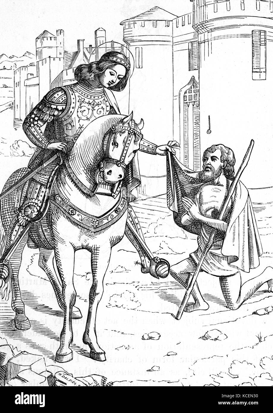 Saint Martin de Tours ( 316 ou 336 - 8 novembre 397), évêque de Tours. Il était surtout connu pour le compte de son à l'aide de son épée pour couper son manteau en deux, de donner la moitié à un mendiant vêtu de guenilles uniquement dans la profondeur de l'hiver. Banque D'Images