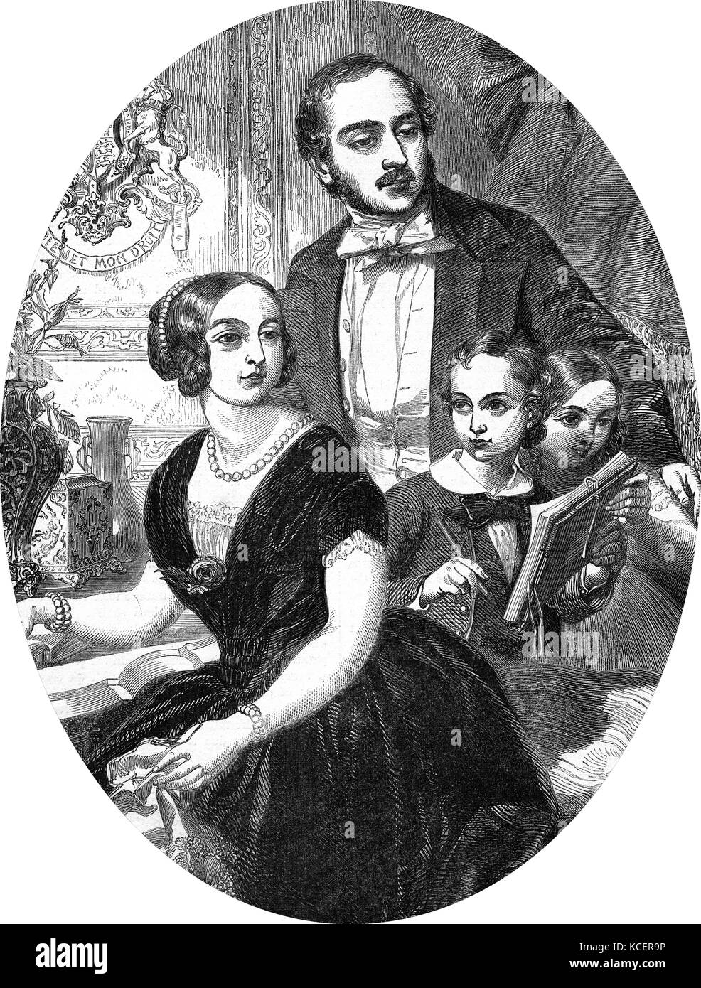 Portrait de la reine Victoria (1819-1901) et Prince Albert (1819-1861) avec leurs deux premiers enfants Victoria, princesse royale (1840-1901) et Édouard VII du Royaume-Uni (1841-1910). En date du 19e siècle Banque D'Images