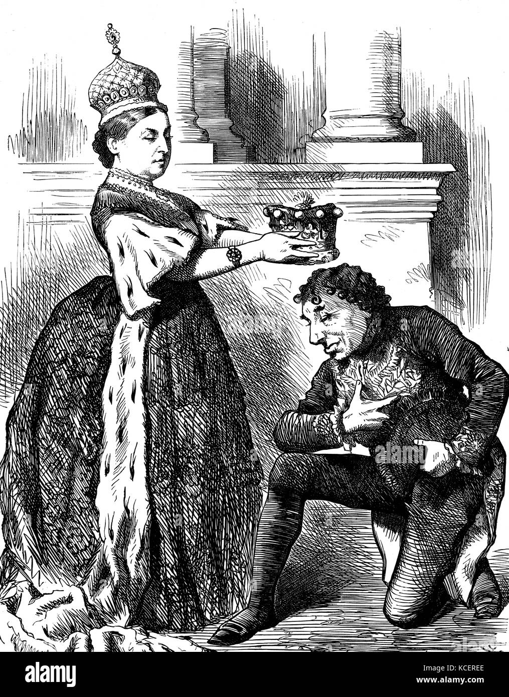 Gravure représentant la reine Victoria (1819-1901) La présentation de Benjamin Disraeli (1804-1881) avec une couronne de Comte. En date du 19e siècle Banque D'Images