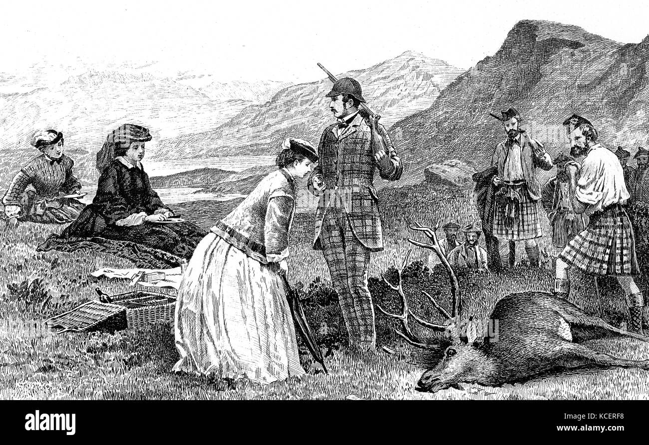 Gravure représentant la reine Victoria (1819-1901) et Prince Albert (1819-1861) visiter les Highlands en date du 19e siècle Banque D'Images