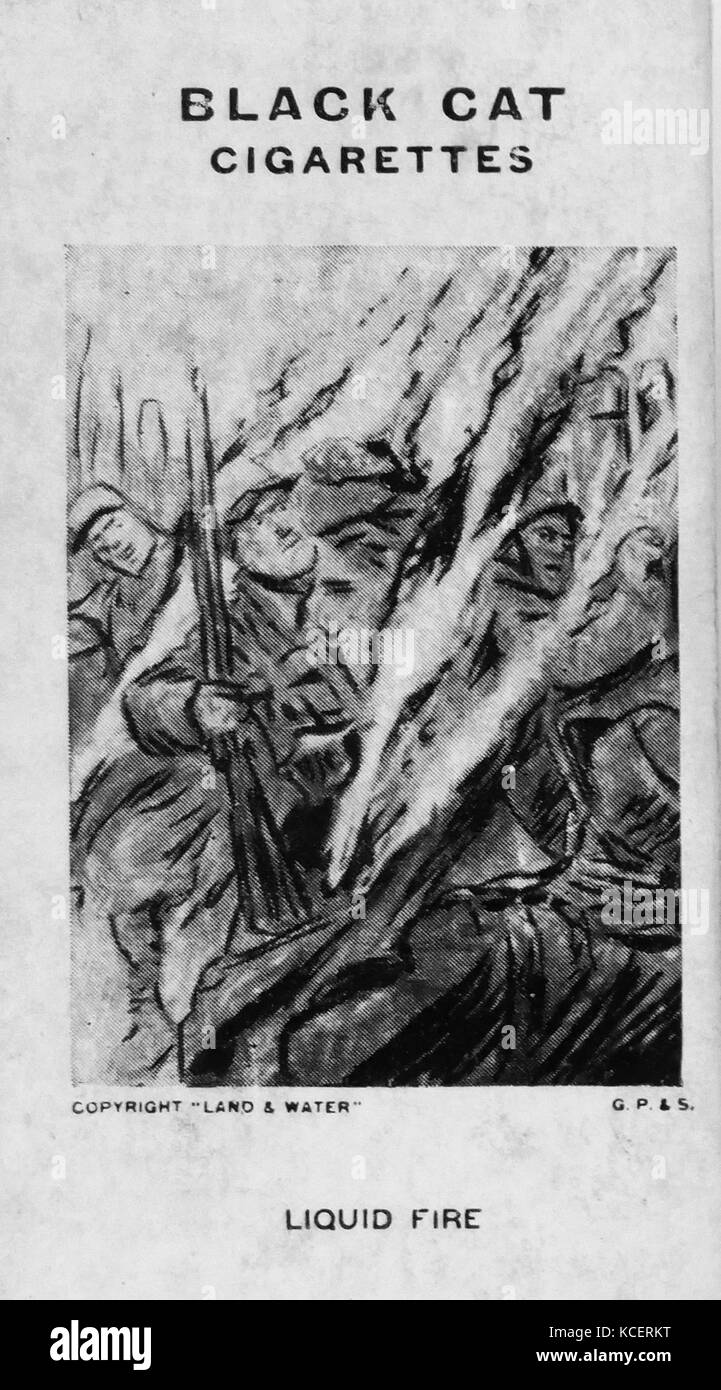 Chat noir les cigarettes, la première guerre mondiale, la propagande : carte montrant des soldats français attaqué par des lance-flammes Banque D'Images
