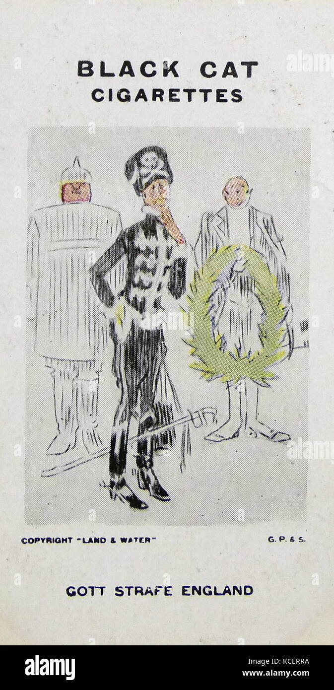 Chat noir les cigarettes, la première guerre mondiale, la propagande montrant carte : Gott mitrailler l'Angleterre (que Dieu a puni l'Angleterre). "Père dit que je dois faire la même chose pour la France". Caricature montrant satirique du Kronprinz Guillaume de l'Allemagne. L'illustration de la Grande Guerre une accusation du neutre Banque D'Images