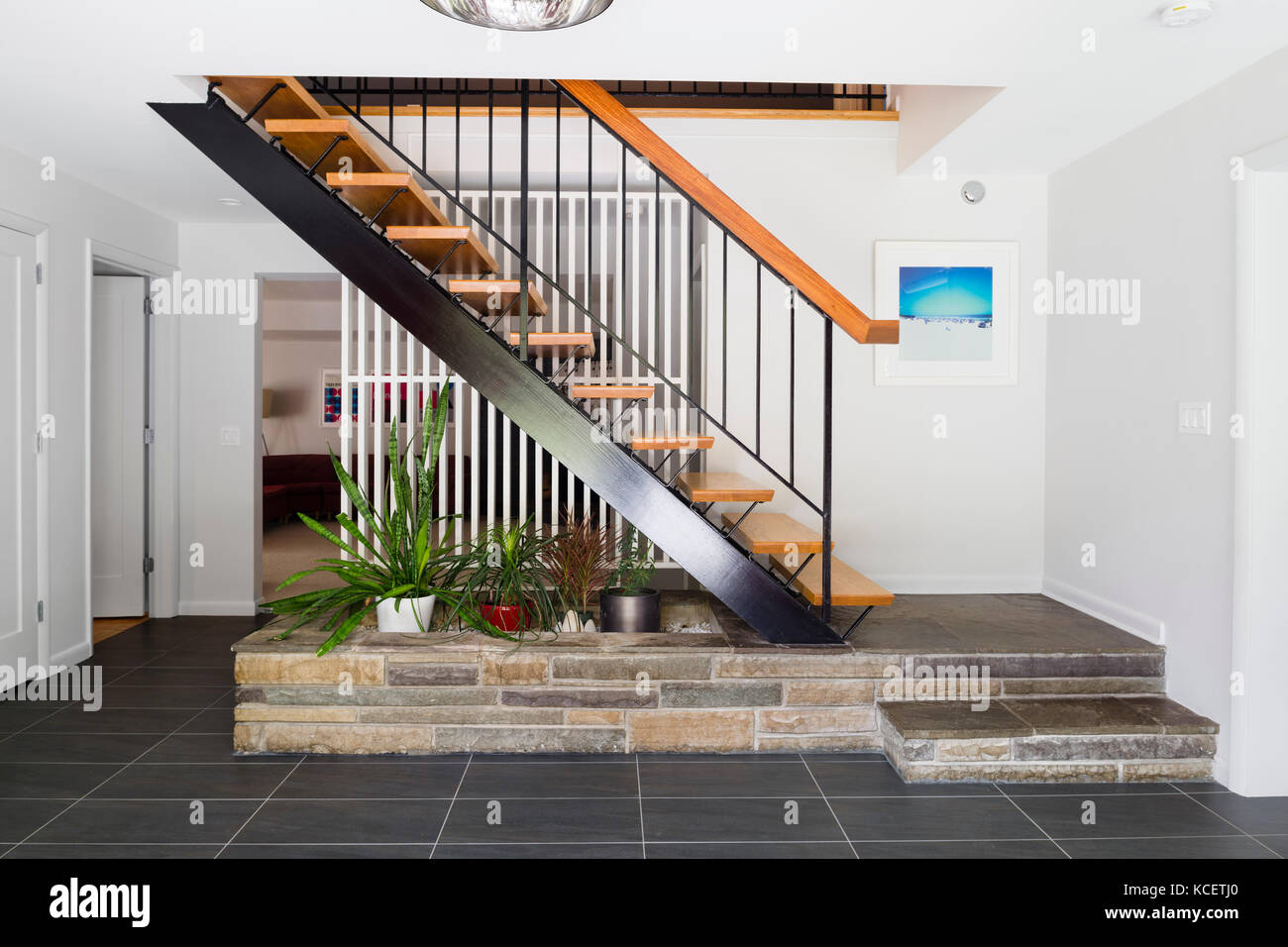 Staicase dans l'étage inférieur comprend un hall d'entrée menant à l'étage. Bruning Owen House, Chevy Chase, United States. Architecte : Lou Balodemas architectes, 2015 Banque D'Images