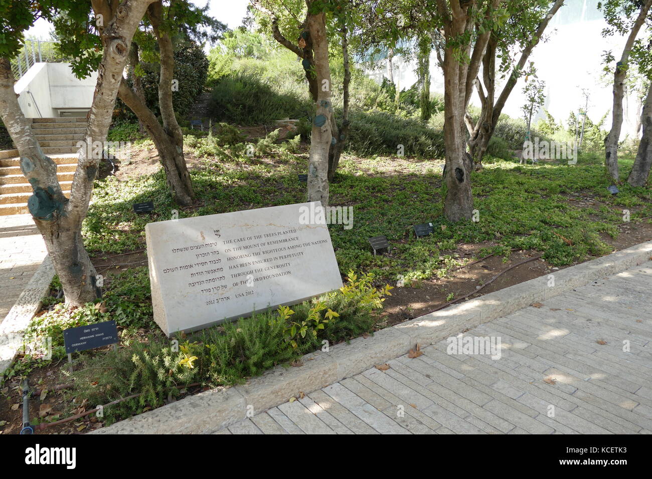 Ford Foundation memorial à l'Avenue des Justes parmi les nations de Yad Vashem, Jérusalem (Israël). Les arbres sont plantés autour du site Yad Vashem en l'honneur de ces non-Juifs qui, au péril de leur propre vie, sauvé des Juifs pendant l'Holocauste. Banque D'Images