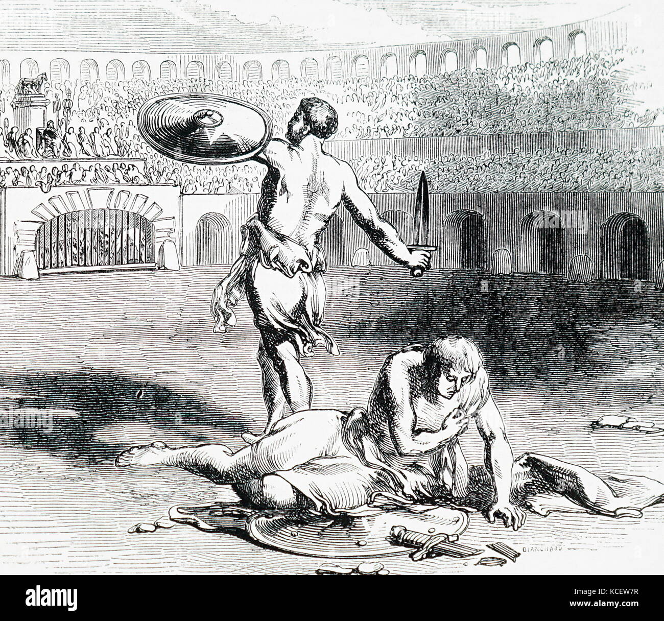 Gravure représentant des combats de gladiateurs dans le Colisée à Rome. En date du 18e siècle Banque D'Images