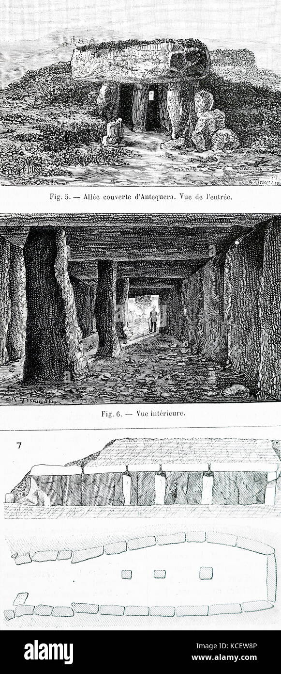 Gravure illustrant la découverte des anciennes tombes mégalithiques connu comme le 'Corte de'' en Espagne. En date du 19e siècle Banque D'Images