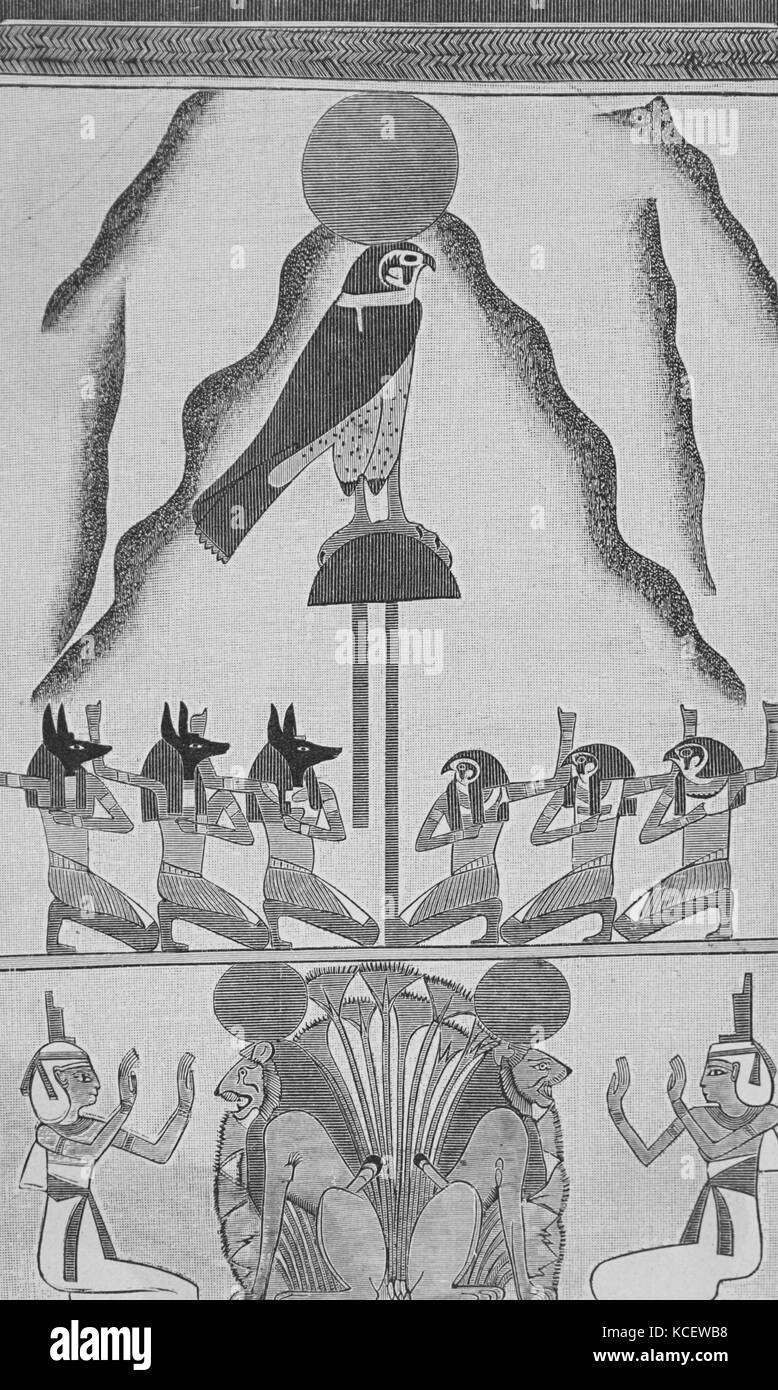 Illustration représentant le cosmos égyptien avec le Dieu Soleil Ra et le dieu lunaire Khonsou. En date du 18e siècle Banque D'Images