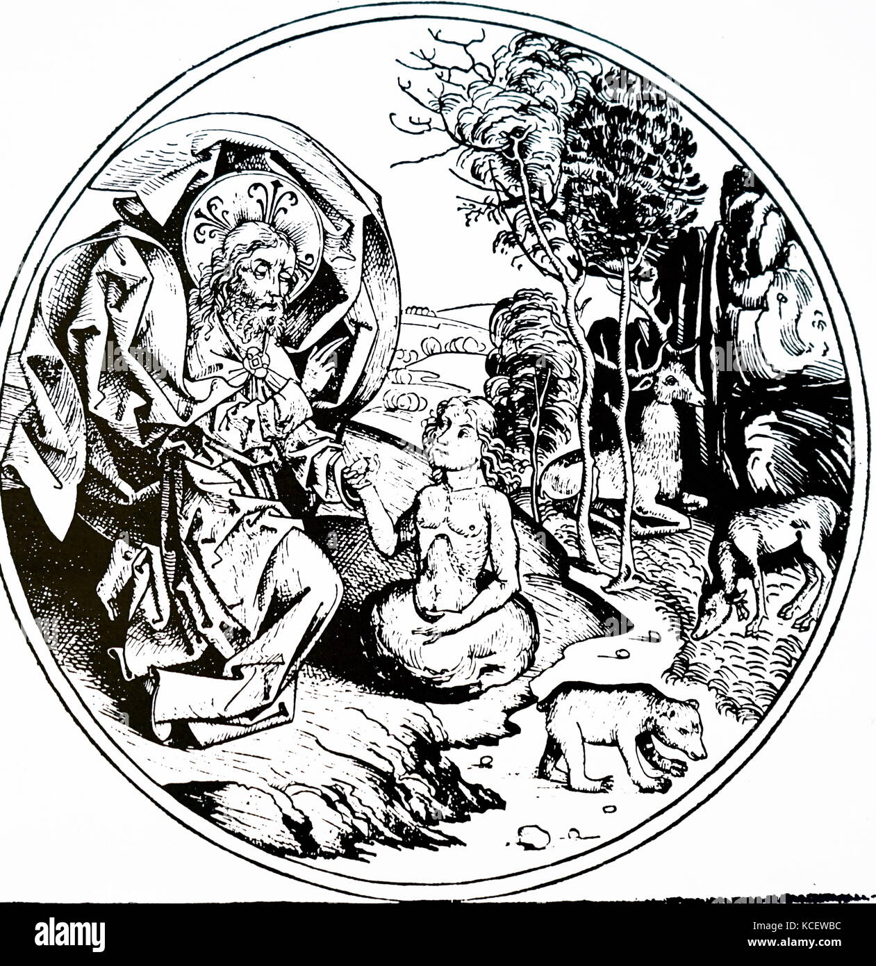 Gravure représentant le sixième jour de la création - Dieu crée Adam- à partir de la Chronique de Nuremberg par Hartmann Schedel (1440-1514) un médecin allemand, humaniste, historien, et l'un des premiers cartographes. En date du 15e siècle Banque D'Images