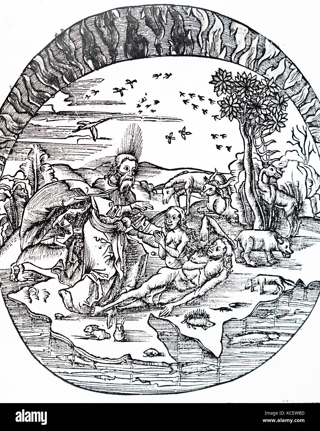 Illustration Thales de Milet' concept d'une terre plate flottant au-dessus de l'eau. Thales de Milet, un Grec Présocratique/ le phénicien, philosophe, mathématicien et astronome. En date du 16e siècle Banque D'Images
