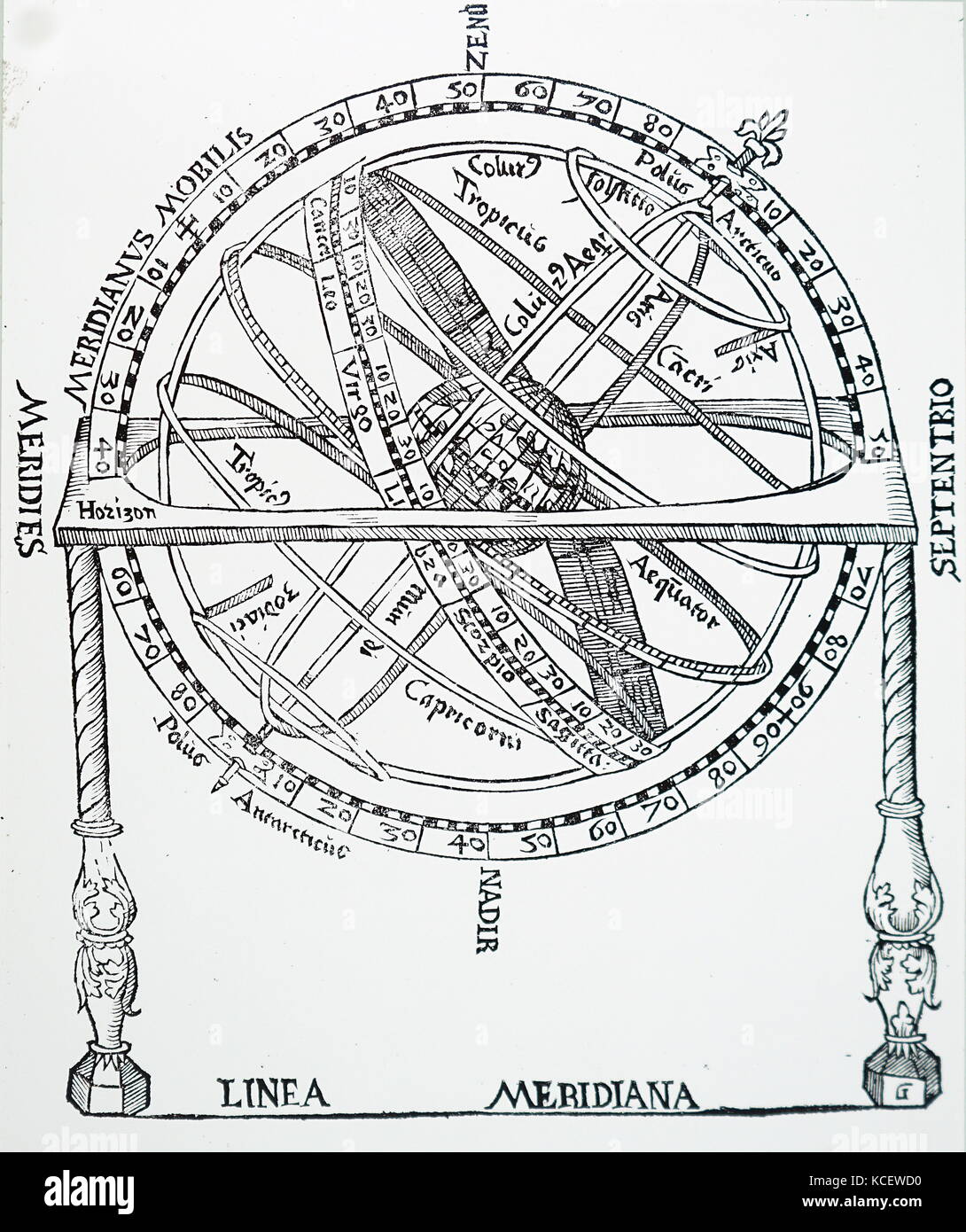 Illustration représentant une sphère armillaire. Une sphère armillaire est un modèle d'objets dans le ciel composé d'un cadre sphérique de sonneries, centré sur la terre ou le Soleil, qui représentent les lignes de longitude et latitude céleste et d'autres caractéristiques importantes de façon astronomique comme l'écliptique. En date du 16e siècle Banque D'Images