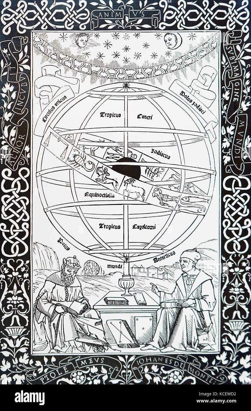 Frontispice de 'Quintessence dans Ptolemaei Almagestum' par Regiomontanus (1436-1476) mathématicien et astronome, montrant à l'aide d'un astrolabe. En date du 15e siècle Banque D'Images