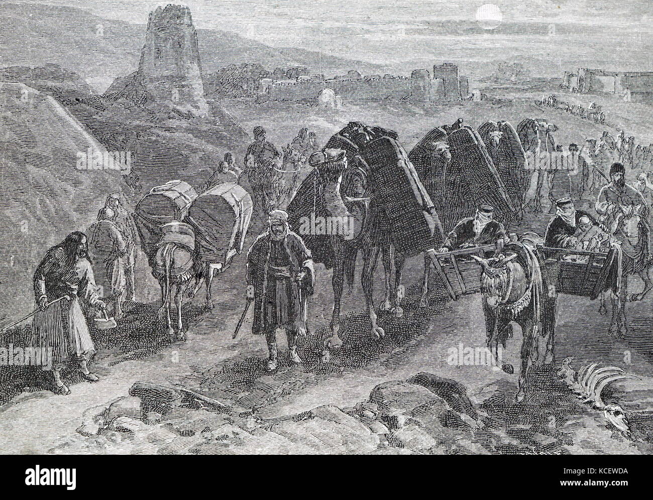 Gravure représentant une caravane du désert les voyageurs quittant Lasjerd (persan) construit dans Lasgerd boue village Rural District, dans le quartier central de Sorkheh County, département, l'Iran. En date du 19e siècle Banque D'Images