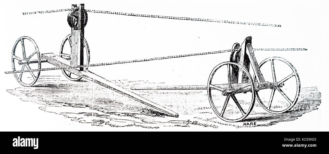 Gravure illustrant l'appui pour les cordes à travers champ utilisé pour faire glisser la charrue à labourer avec machine à vapeur stationnaire. En date du 19e siècle Banque D'Images