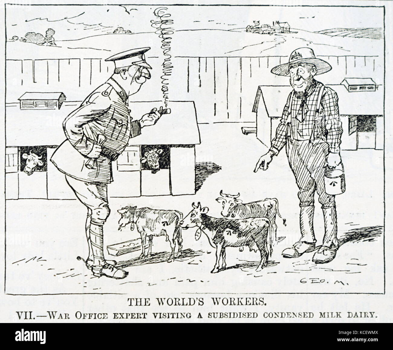 Caricature montrant une visite d'un expert du War Office du lait condensé se calme. En date du 20e siècle Banque D'Images