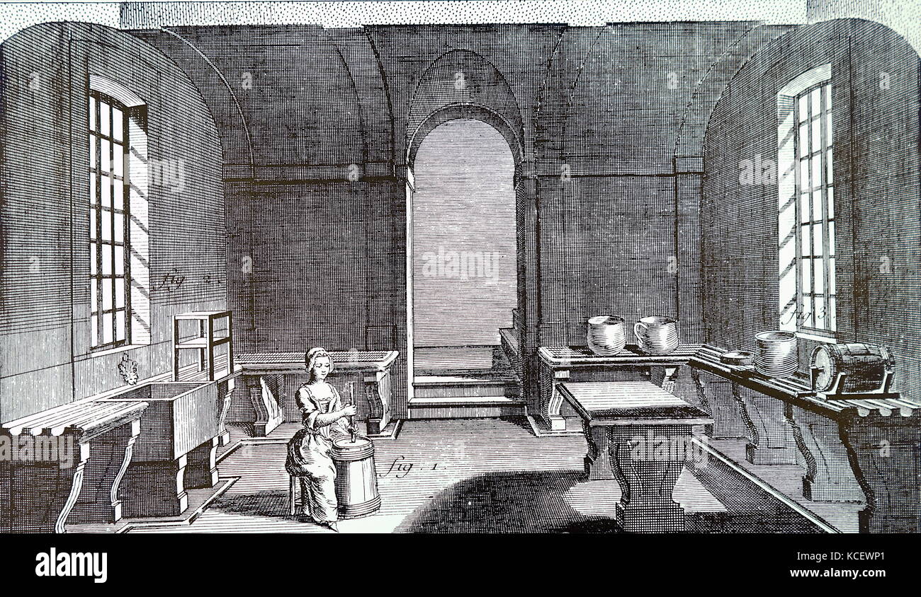 Gravure illustrant une laiterie et dairymaid à l'aide d'un baril de désabonnement. En date du 18e siècle Banque D'Images