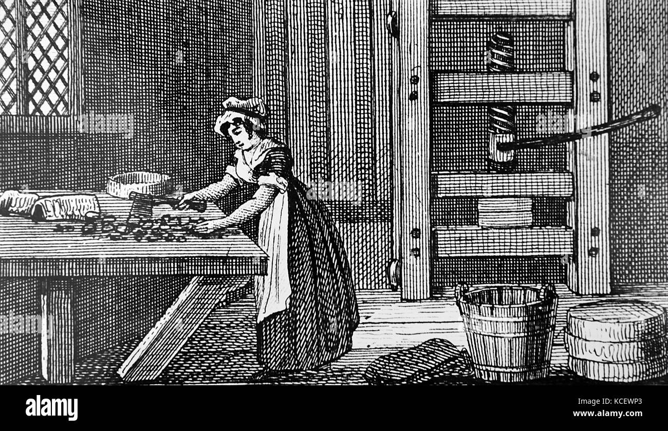 Gravure illustrant le découpage du caillé pour faire du fromage de Cheshire. En date du 19e siècle Banque D'Images