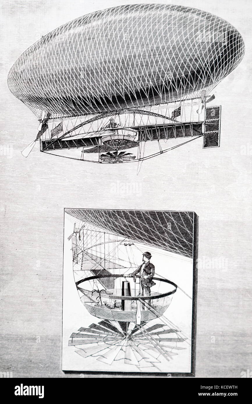 Gravure représentant un dirigeable conçu par Peter C. Campbell. En date du 19e siècle Banque D'Images