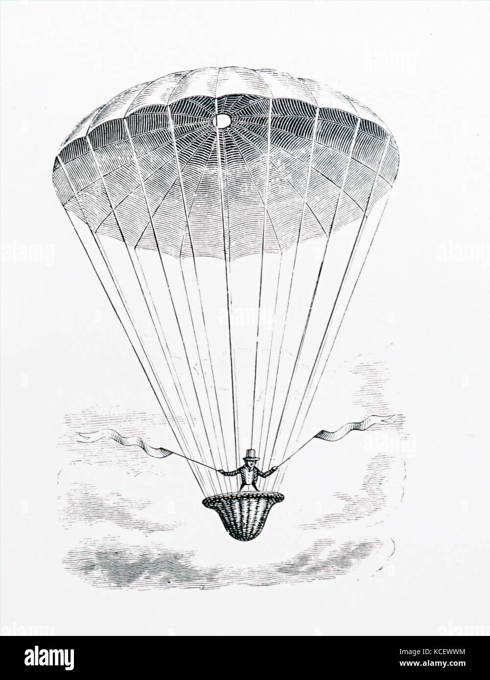 André-Jacques Garnerin gravure illustrant à sa première descente en parachute. André-Jacques Garnerin (1769-1823) un aéronaute français et inventeur du parachute sans cadre. En date du 18e siècle Banque D'Images