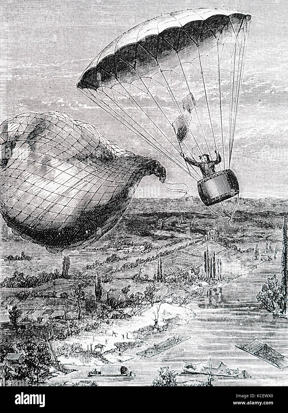 André-Jacques Garnerin gravure illustrant à sa première descente en parachute. André-Jacques Garnerin (1769-1823) un aéronaute français et inventeur du parachute sans cadre. En date du 18e siècle Banque D'Images