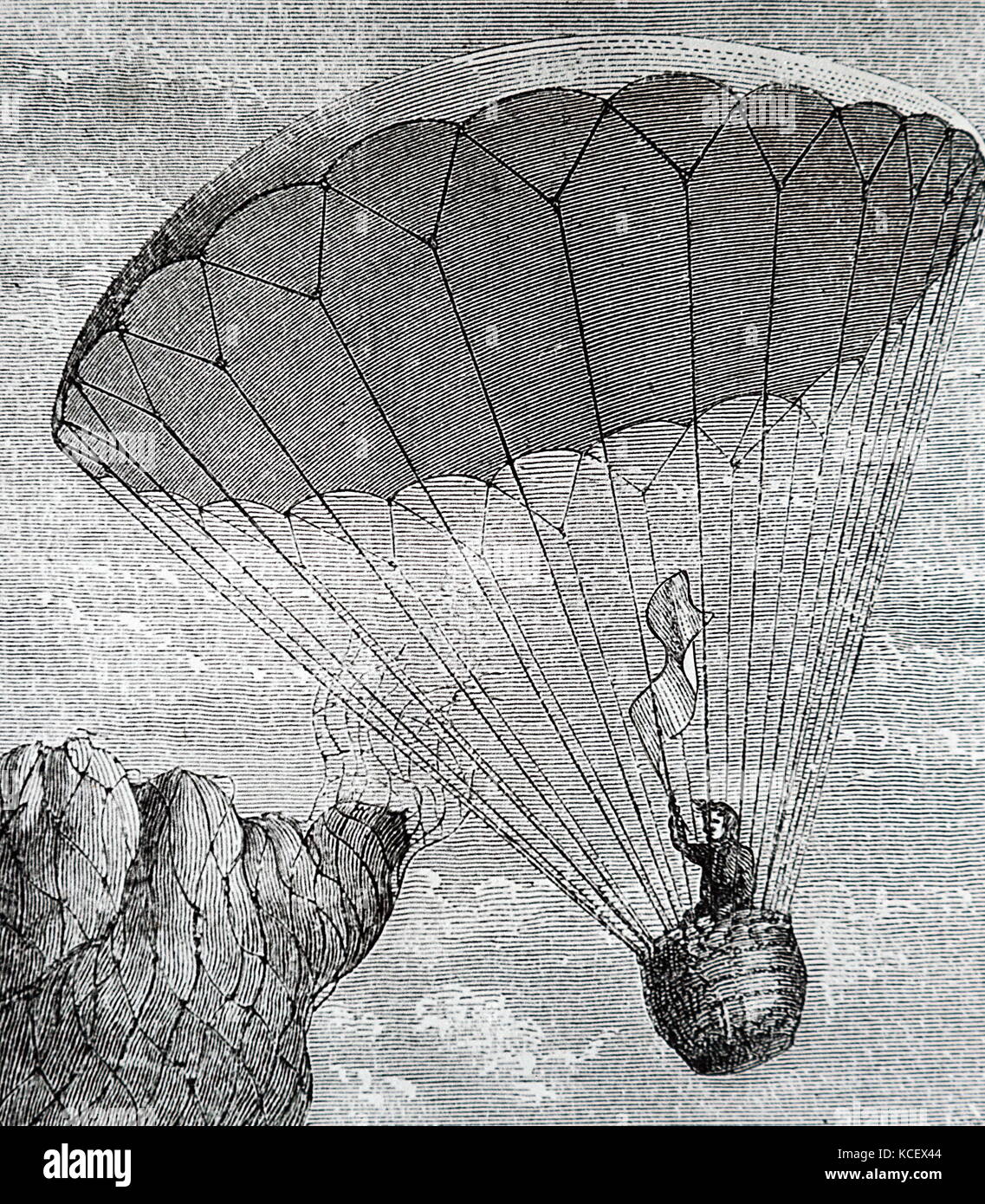 André-Jacques Garnerin gravure illustrant à sa première descente en parachute. André-Jacques Garnerin (1769-1823) un aéronaute français et inventeur du parachute sans cadre. En date du 18e siècle Banque D'Images