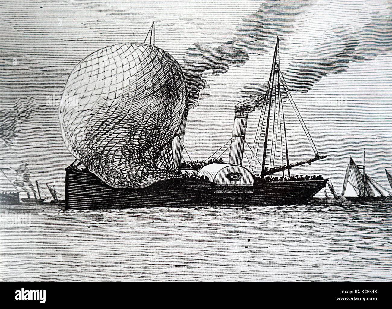Gravure illustrant le paquet Calais sauvetage Colonel Saumure et M. Joseph Simmons du canal après leur tentative de traverser de l'Angleterre à la France en ballon. En date du 19e siècle Banque D'Images