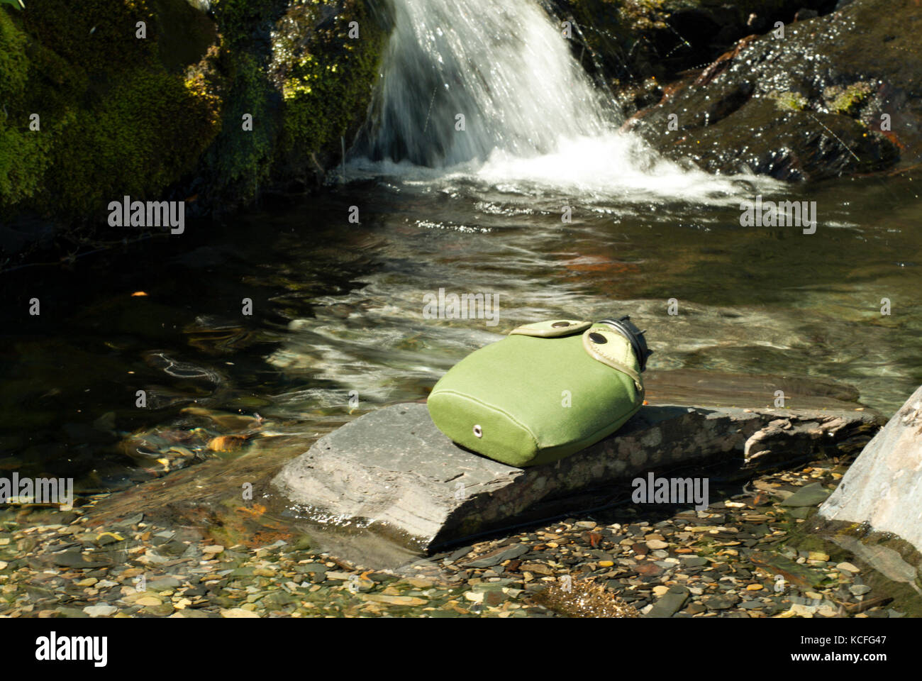 Ballon pour l'eau, allongé sur un rocher à côté d'un ruisseau de montagne Banque D'Images