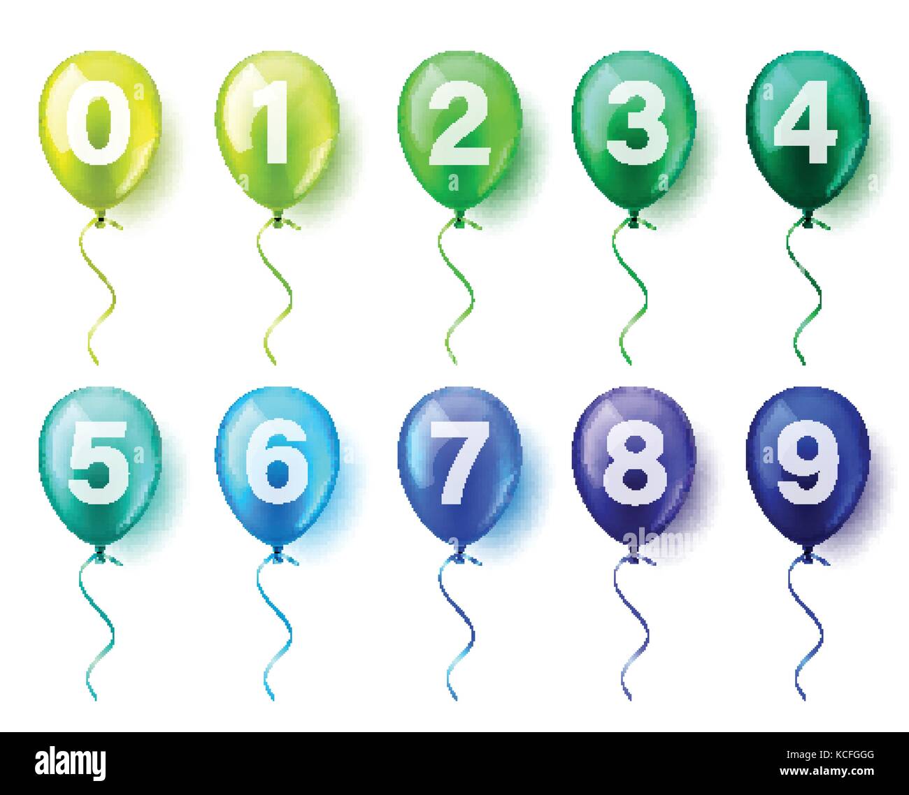 Brillant coloré réaliste isolés flying ballons ensemble avec des chiffres. anniversaire. rubans.célébration. ou un mariage. Illustration de Vecteur