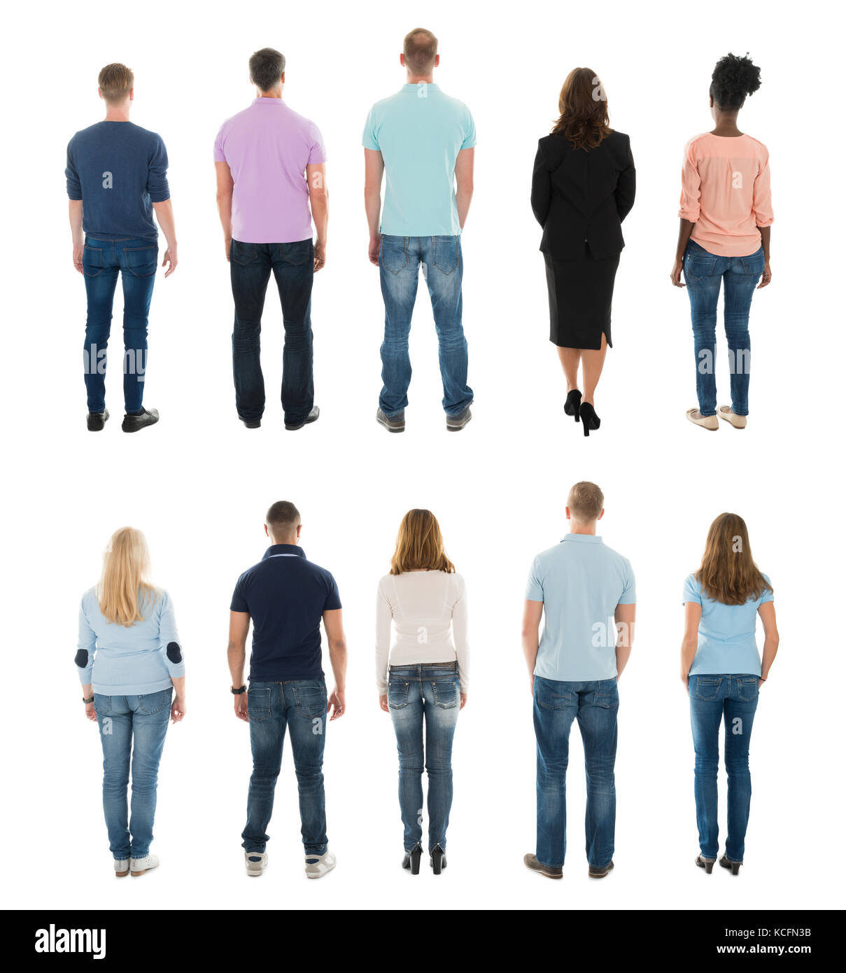 Vue arrière du creative people standing in row against white background Banque D'Images