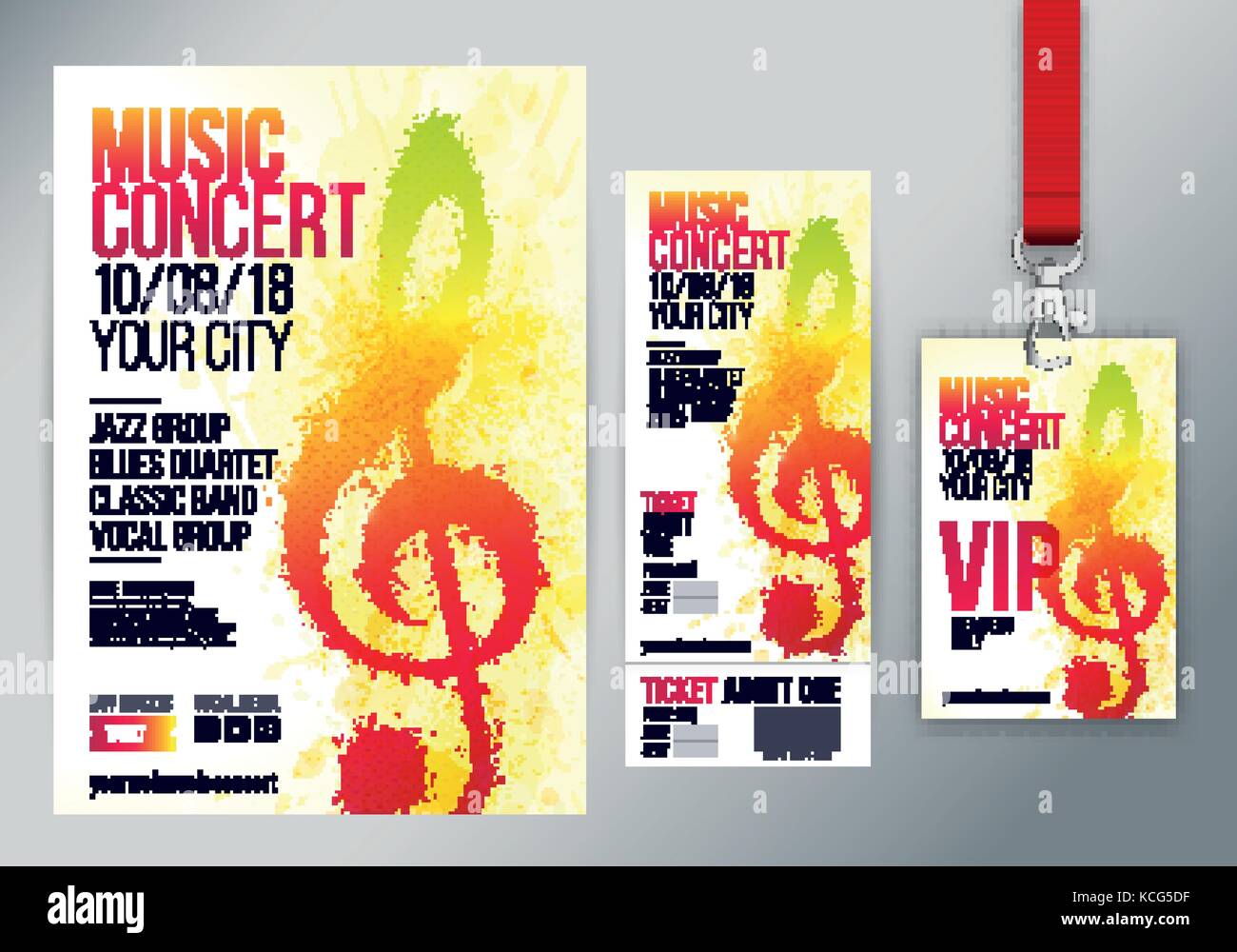 Ensemble de modèles avec une affiche ou un dépliant, ticket et VIP. Clé de Sol illustration avec coups de pinceau et des couleurs vives. Effet aquarelle de texture. Illustration de Vecteur