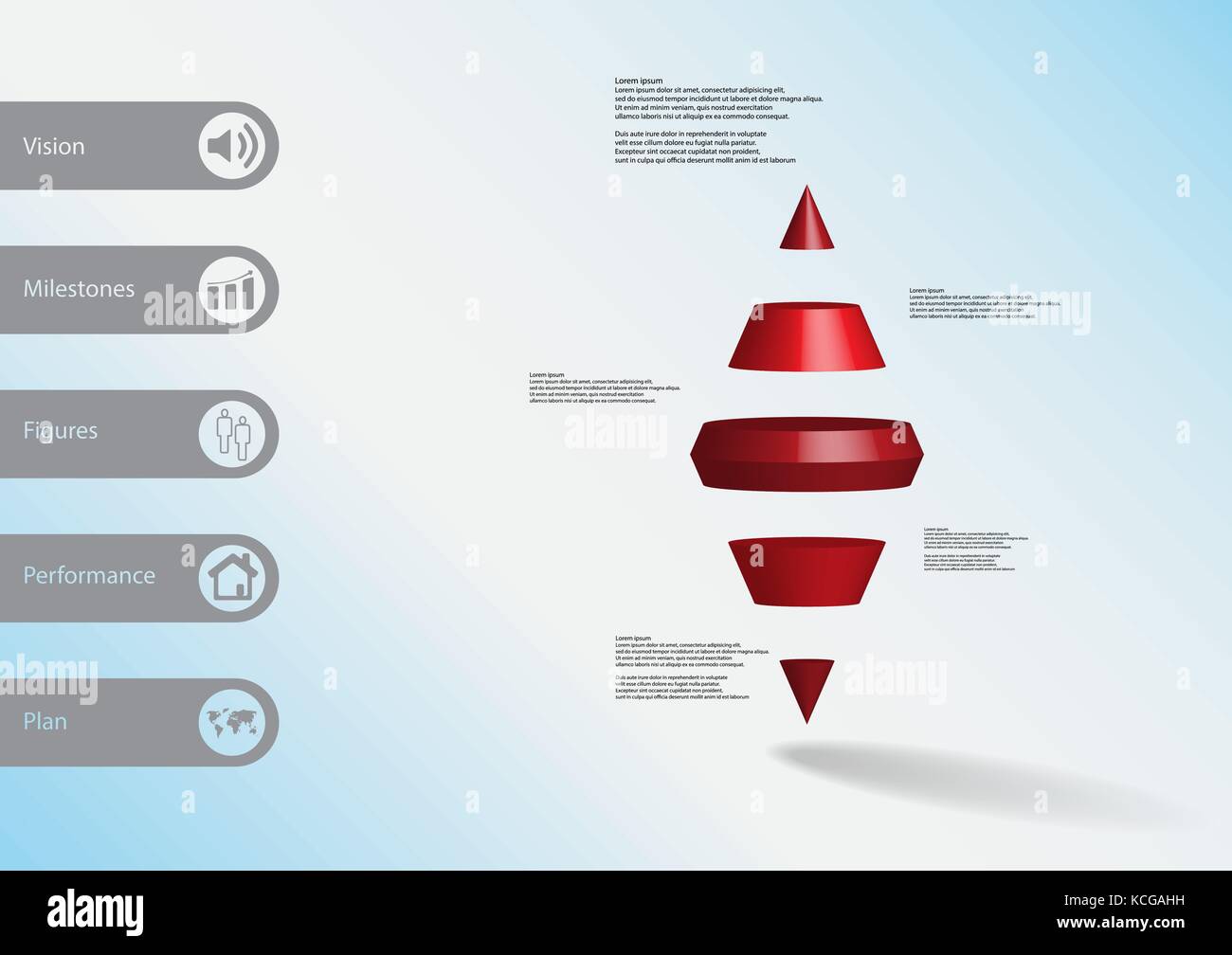 Illustration infographie 3d modèle avec motif des deux cône spike horizontalement divisé à cinq tranches rouge avec simple signe et le texte sur le côté dans les bars. l Illustration de Vecteur