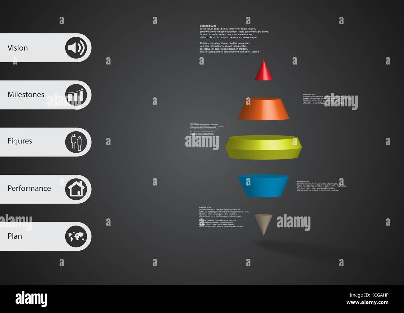 Illustration infographie 3d modèle avec motif des deux cône spike horizontalement divisé à cinq tranches couleur avec simple signe et le texte sur le côté dans les bars. Illustration de Vecteur