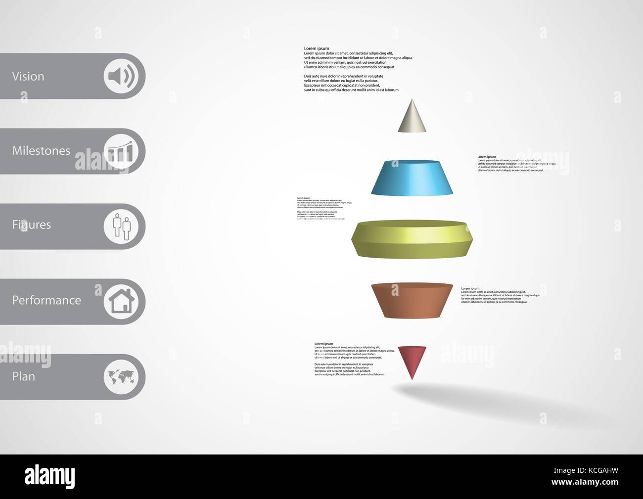 Illustration infographie 3d modèle avec motif des deux cône spike horizontalement divisé à cinq tranches couleur avec simple signe et le texte sur le côté dans les bars. Illustration de Vecteur