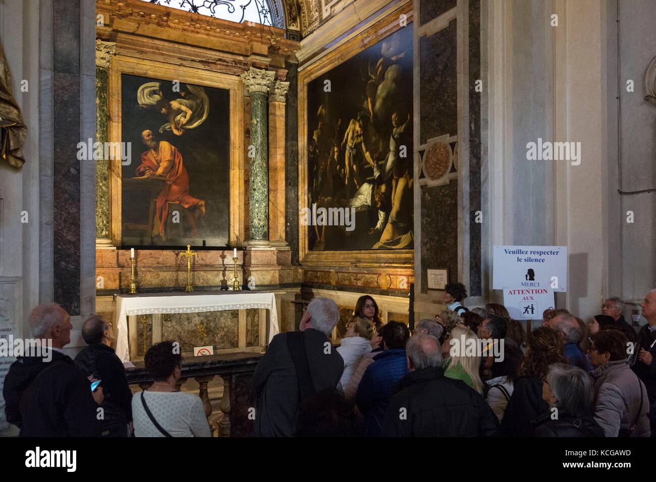 Peintures de Caravage Saint Matthieu et l'Ange et le Martyre de Saint Matthieu à Chiesa di San Luigi dei Granai, Rome, Italie. Banque D'Images