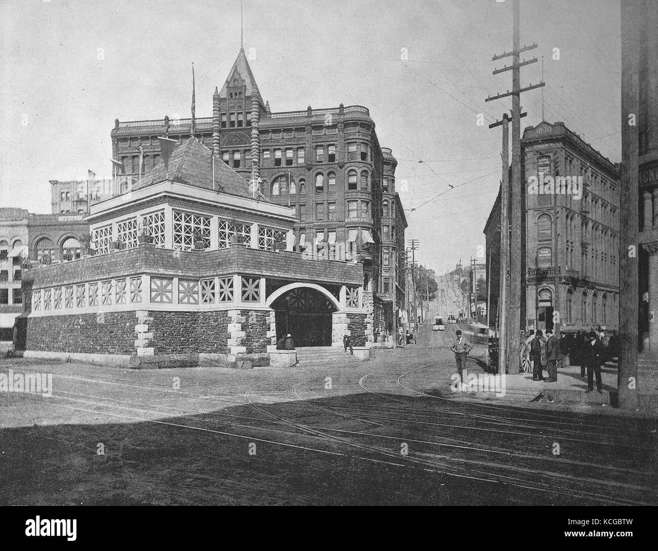 États-unis d'Amérique, la construction dans la rue James de la ville de Seattle dans l'État de Washington, l'amélioration numérique reproduction d'une photo historique de l'année 1899 (estimé) Banque D'Images