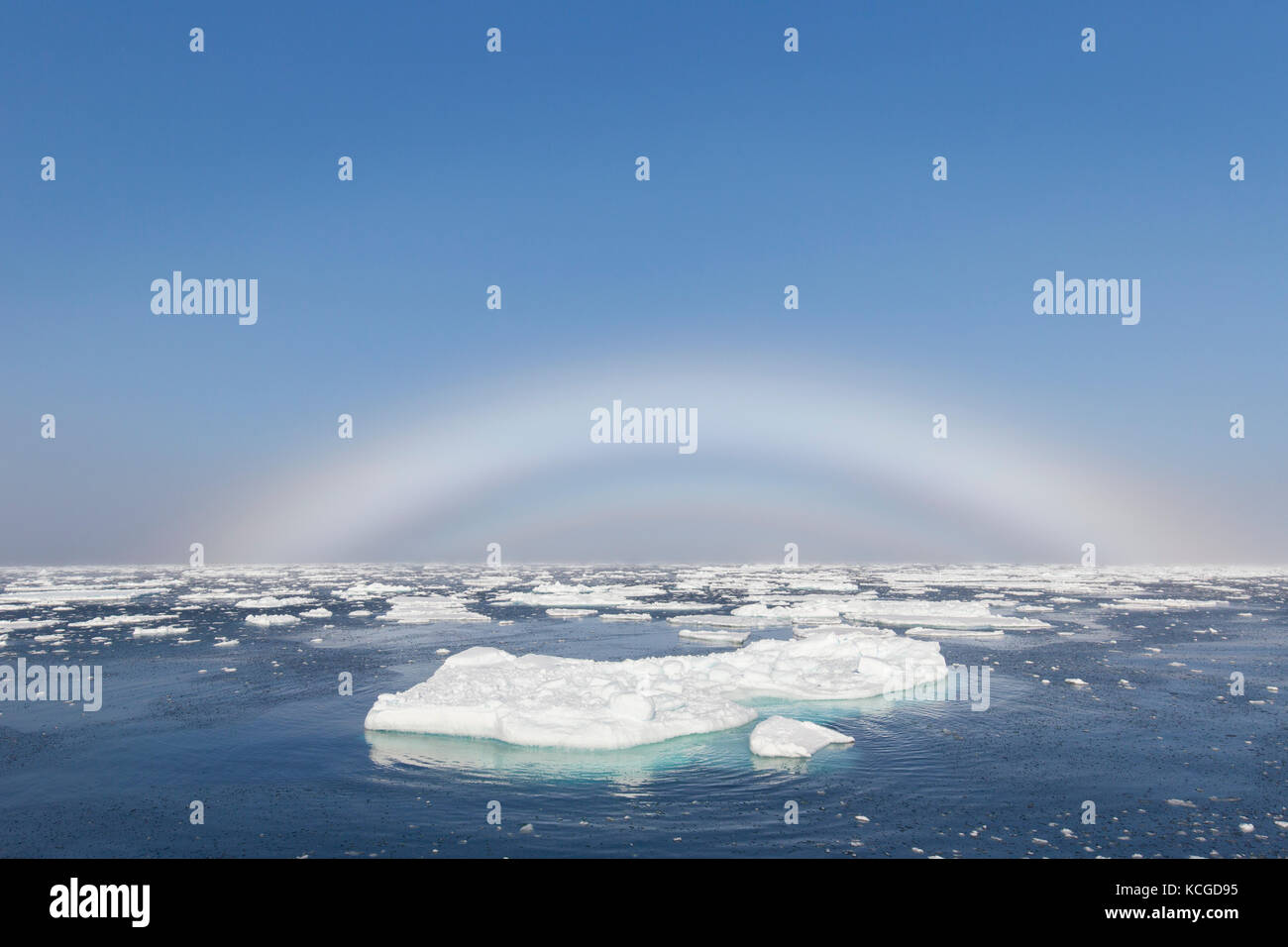 Fogbow / arc / white rainbow / chien de mer sur la mer arctique à Svalbard, Norvège Banque D'Images