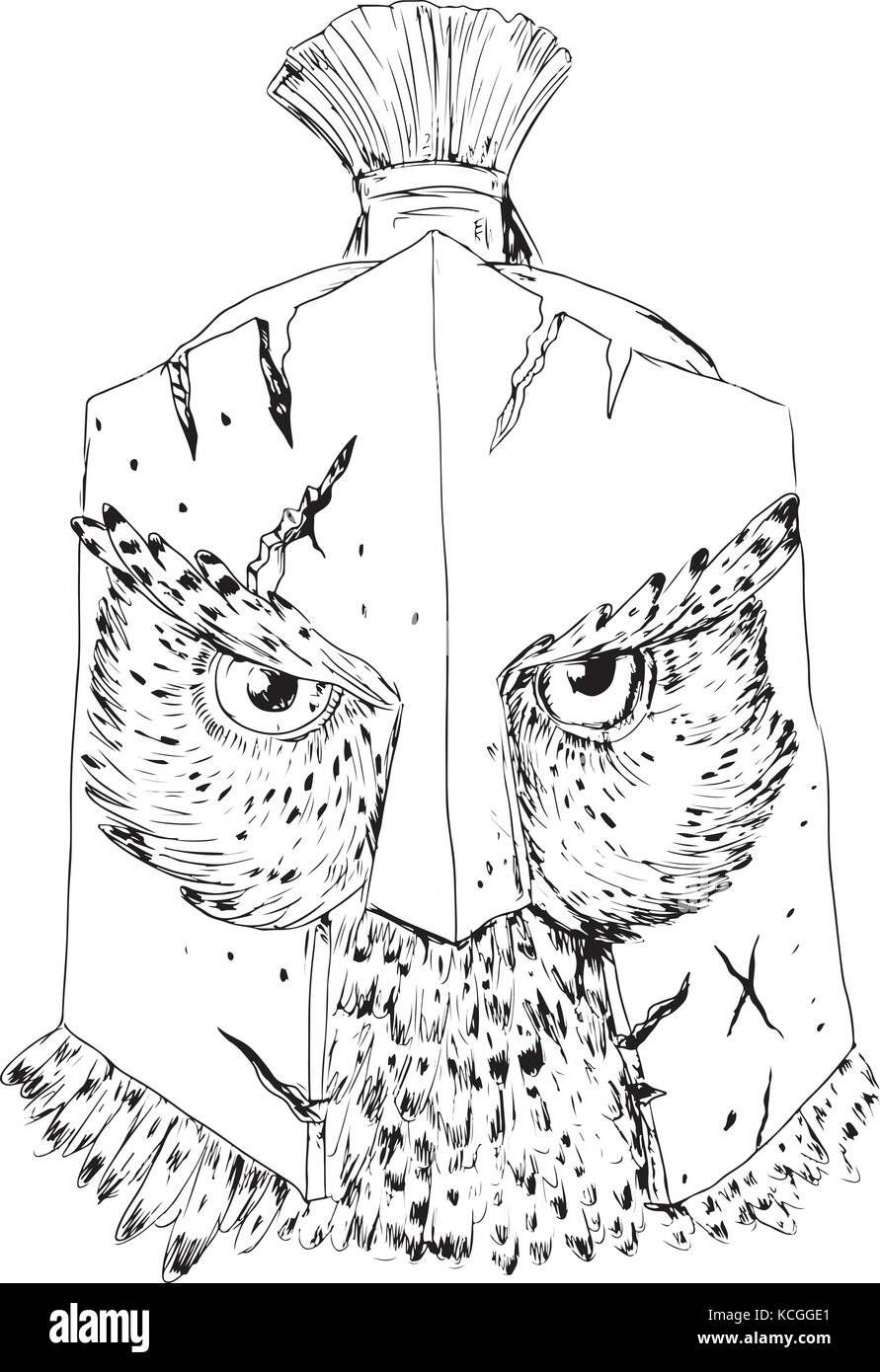 Style croquis dessin illustration d'un grand-duc d'Amérique portant spartan 12.2005 Bataille-casque usé vu de l'avant en noir et blanc. Illustration de Vecteur