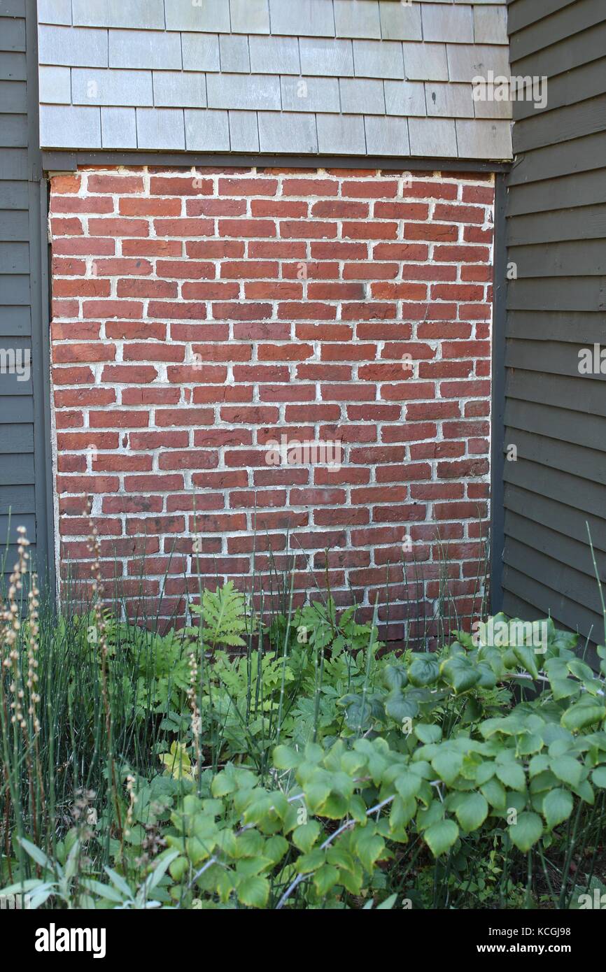 Un mur de briques avec un toit en bardeaux et un petit petit jardin avec plantes verte à côté d'elle Banque D'Images