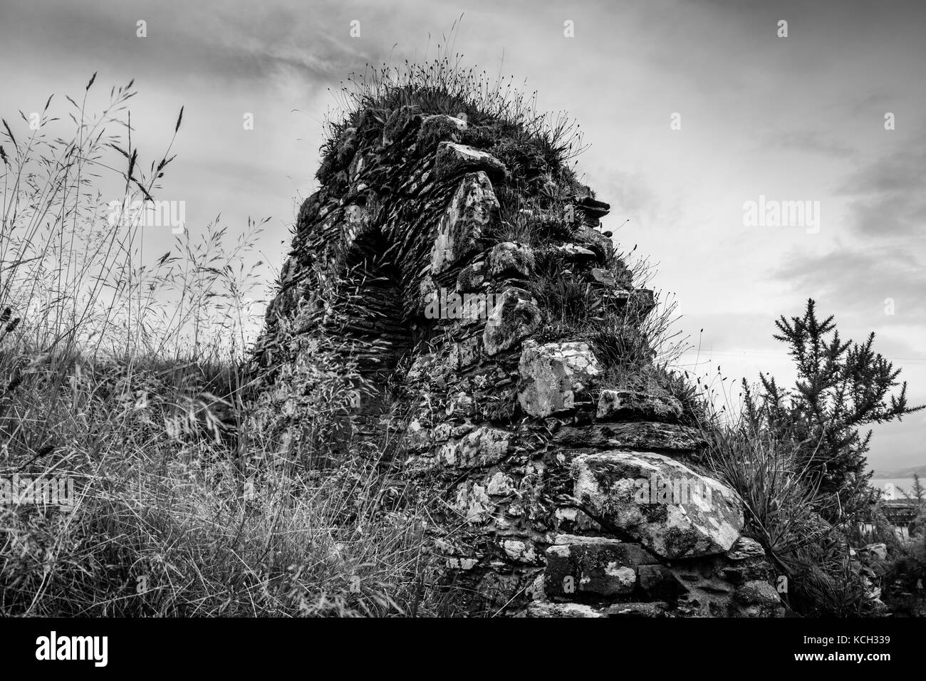 Le noir et blanc ruines de kilchattan church d'herbes et de l'ajonc, île de Gigha Banque D'Images