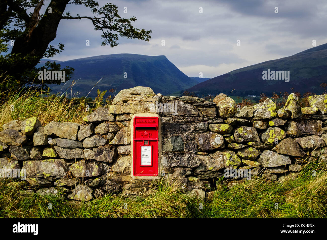 Post box pittoresque en pierre sèche mur, près de Keswick, Cumbria Banque D'Images