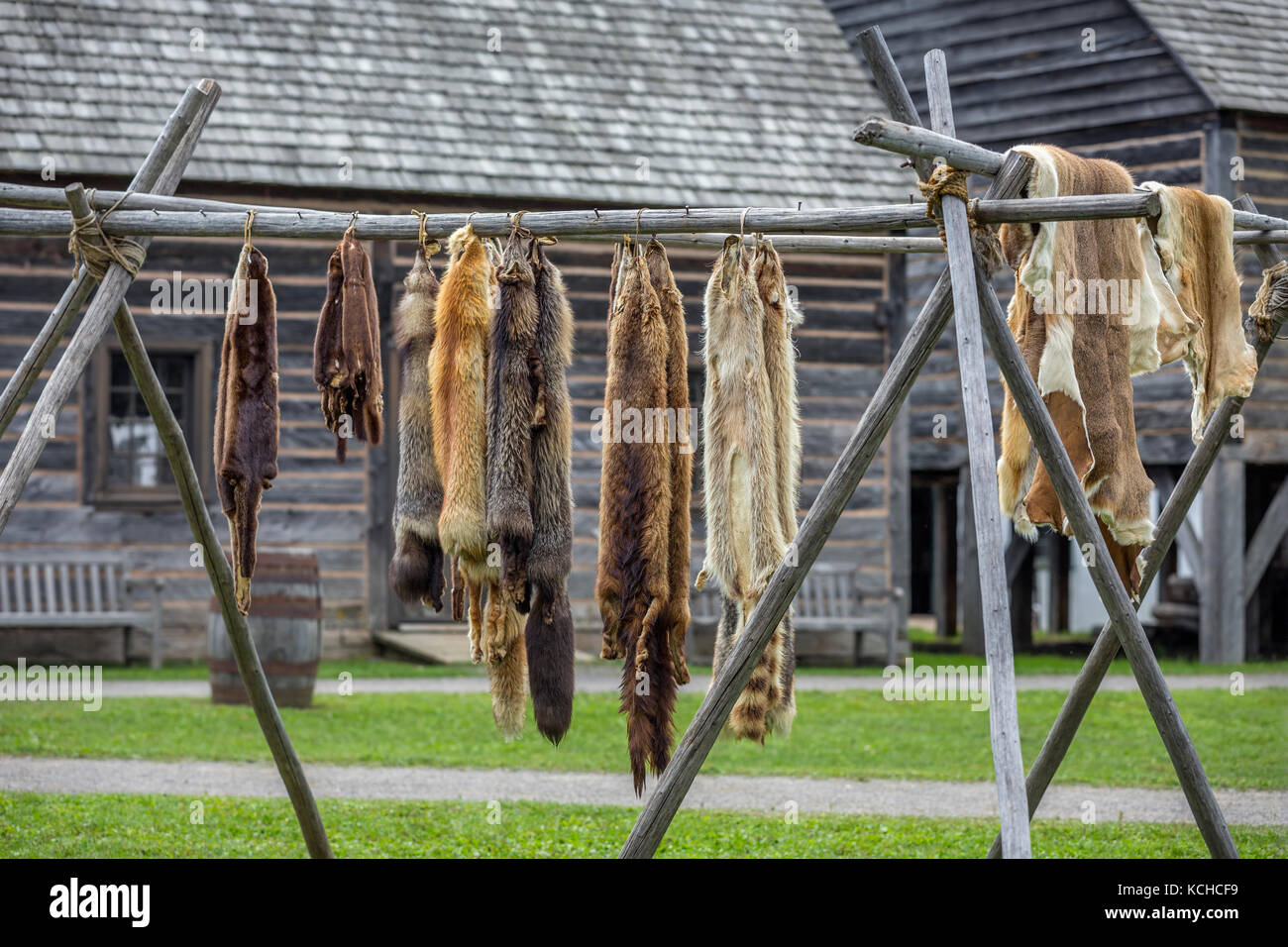 Peaux de fourrure, de l'époque du commerce des fourrures, le parc historique du Fort William, Thunder Bay, Ontario, Canada. Banque D'Images