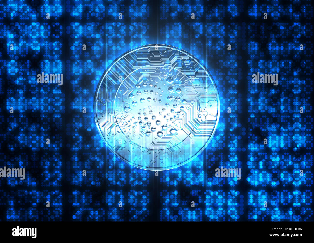 Une partie plate de code numérique et numérique chiffres avec un fond d'un iota cryptocurrency dans une forme de lumière holographique Banque D'Images